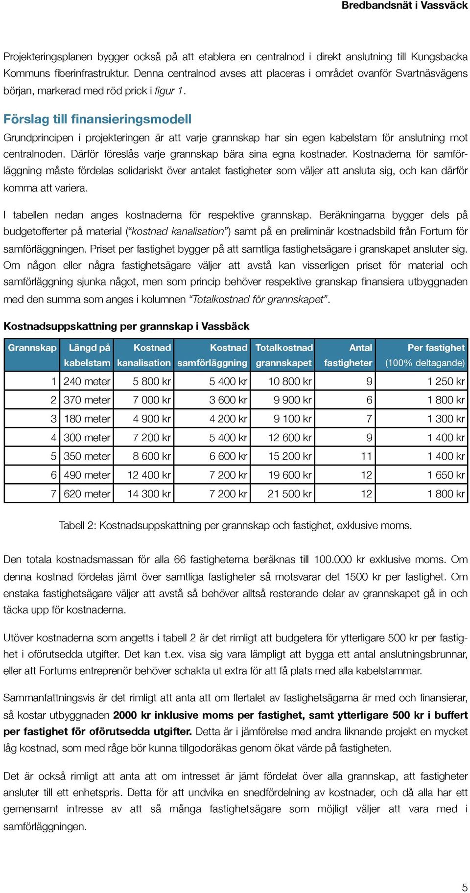 Förslag till finansieringsmodell Grundprincipen i projekteringen är att varje grannskap har sin egen kabelstam för anslutning mot centralnoden.