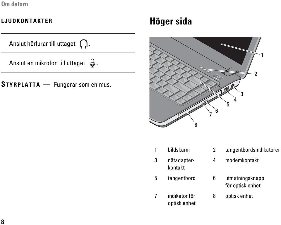 8 7 6 3 5 4 2 1 1 bildskärm 2 tangentbordsindikatorer 3 nätadapterkontakt 4