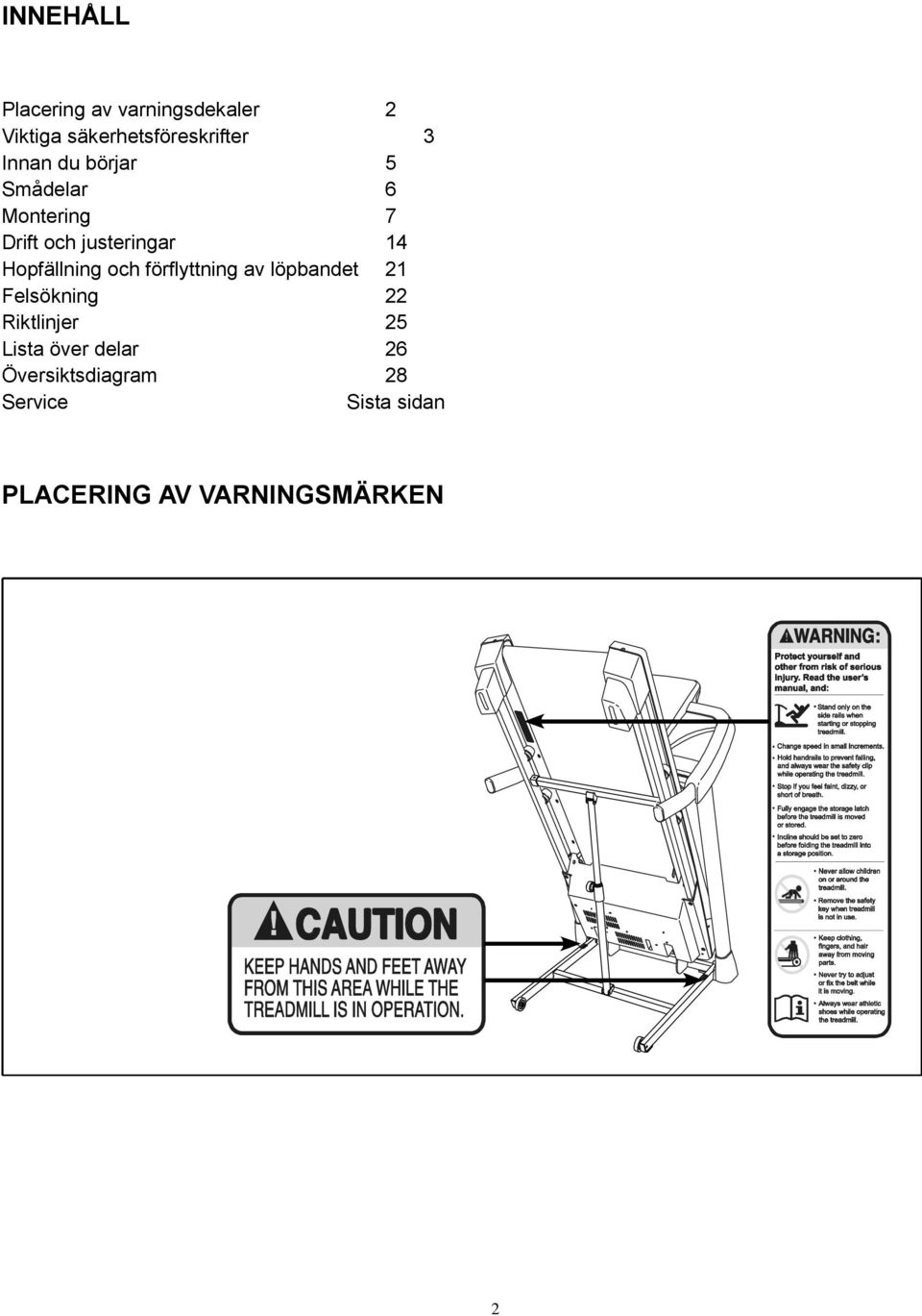 Hopfällning och förflyttning av löpbandet 21 Felsökning 22 Riktlinjer 25