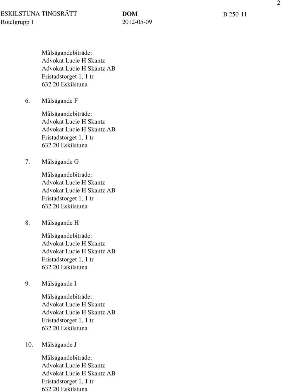 Målsägande G Målsägandebiträde: Advokat Lucie H Skantz Advokat Lucie H Skantz AB Fristadstorget 1, 1 tr 632 Eskilstuna 8.