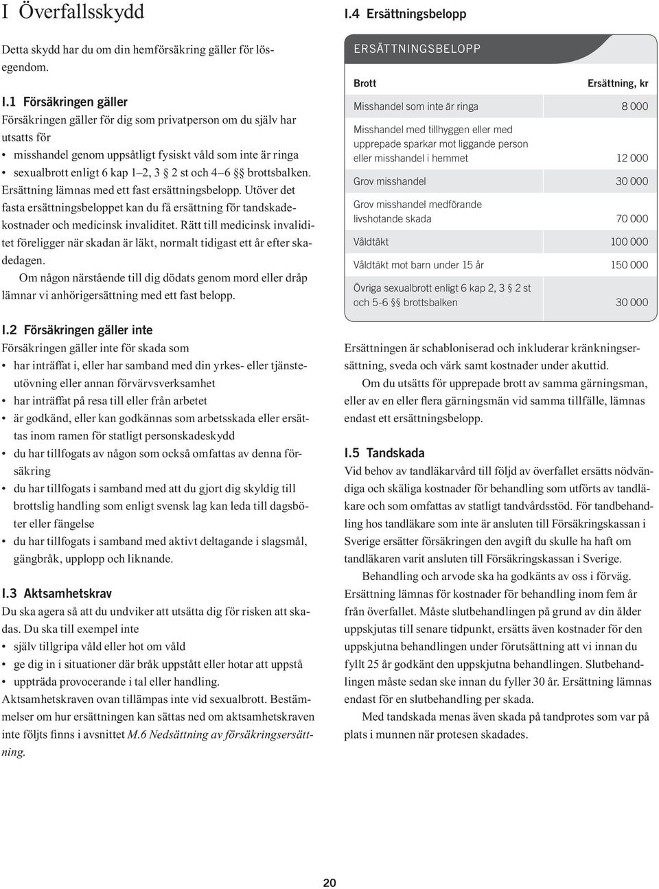 Ersättning lämnas med ett fast ersättningsbelopp. Utöver det fasta ersättningsbeloppet kan du få ersättning för tandskadekostnader och medicinsk invaliditet.