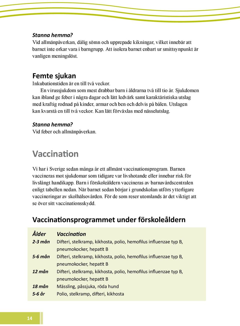 Sjukdomen kan ibland ge feber i några dagar och lätt ledvärk samt karaktäristiska utslag med kraftig rodnad på kinder, armar och ben och delvis på bålen. Utslagen kan kvarstå en till två veckor.