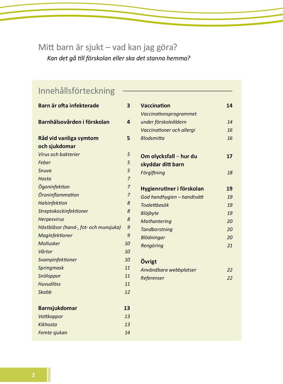 Halsinfektion 8 Streptokockinfektioner 8 Herpesvirus 8 Höstblåsor (hand-, fot- och munsjuka) 9 Maginfektioner 9 Mollusker 10 Vårtor 10 Svampinfektioner 10 Springmask 11 Snöloppor 11 Huvudlöss 11