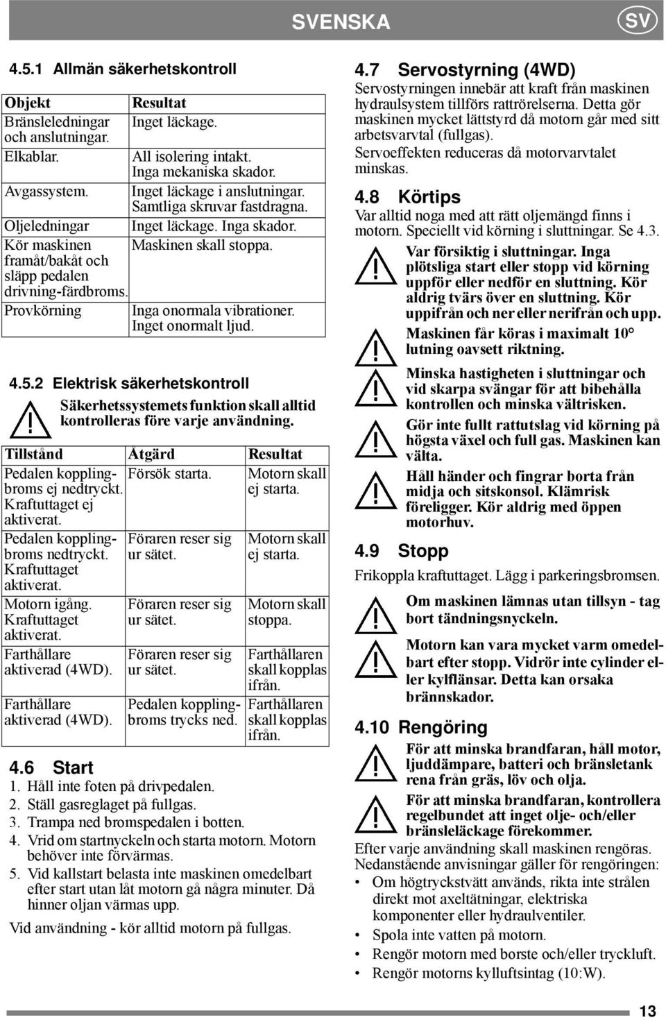 Provkörning Inga onormala vibrationer. Inget onormalt ljud. 4.5.2 Elektrisk säkerhetskontroll Säkerhetssystemets funktion skall alltid kontrolleras före varje användning.