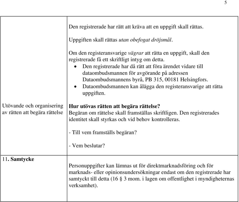 Den registrerade har då rätt att föra ärendet vidare till dataombudsmannen för avgörande på adressen Dataombudsmannens byrå, PB 315, 00181 Helsingfors.