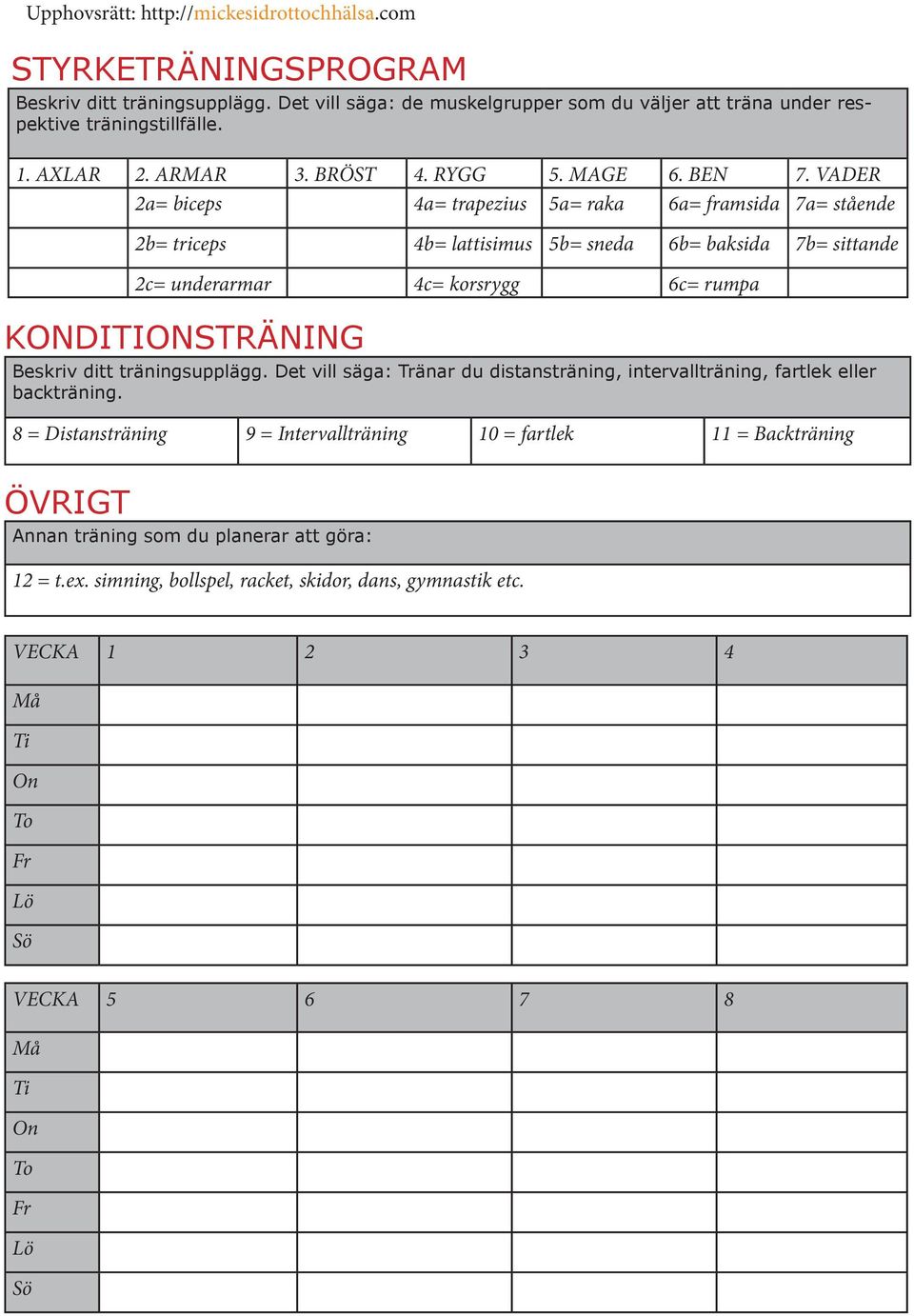 VADER 2a= biceps 4a= trapezius 5a= raka 6a= framsida 7a= stående 2b= triceps 4b= lattisimus 5b= sneda 6b= baksida 7b= sittande 2c= underarmar 4c= korsrygg 6c= rumpa KONDITIONSTRÄNING