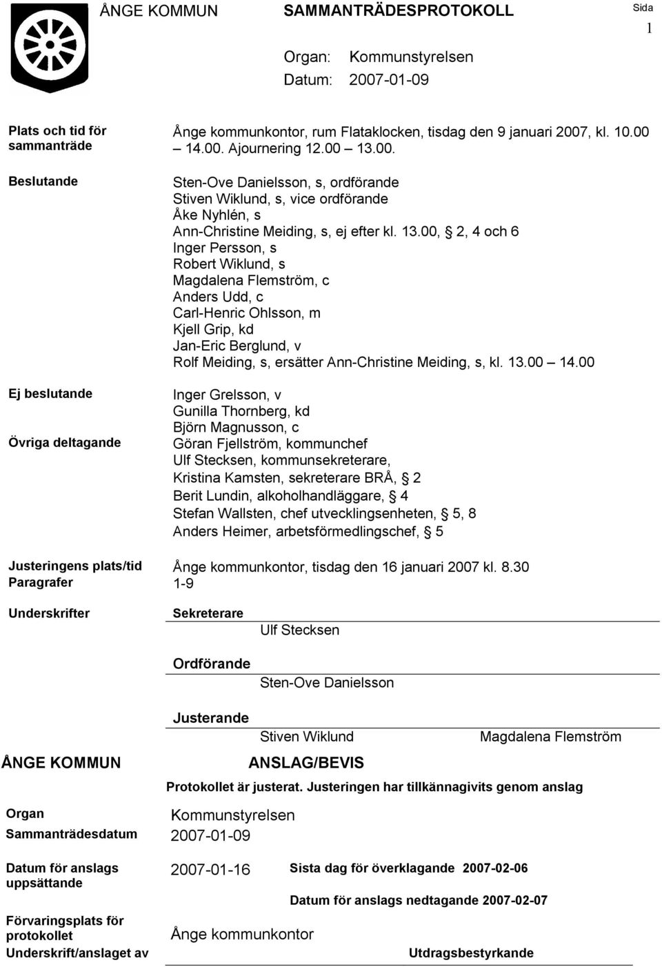 00. Sten-Ove Danielsson, s, ordförande Stiven Wiklund, s, vice ordförande Åke Nyhlén, s Ann-Christine Meiding, s, ej efter kl. 13.