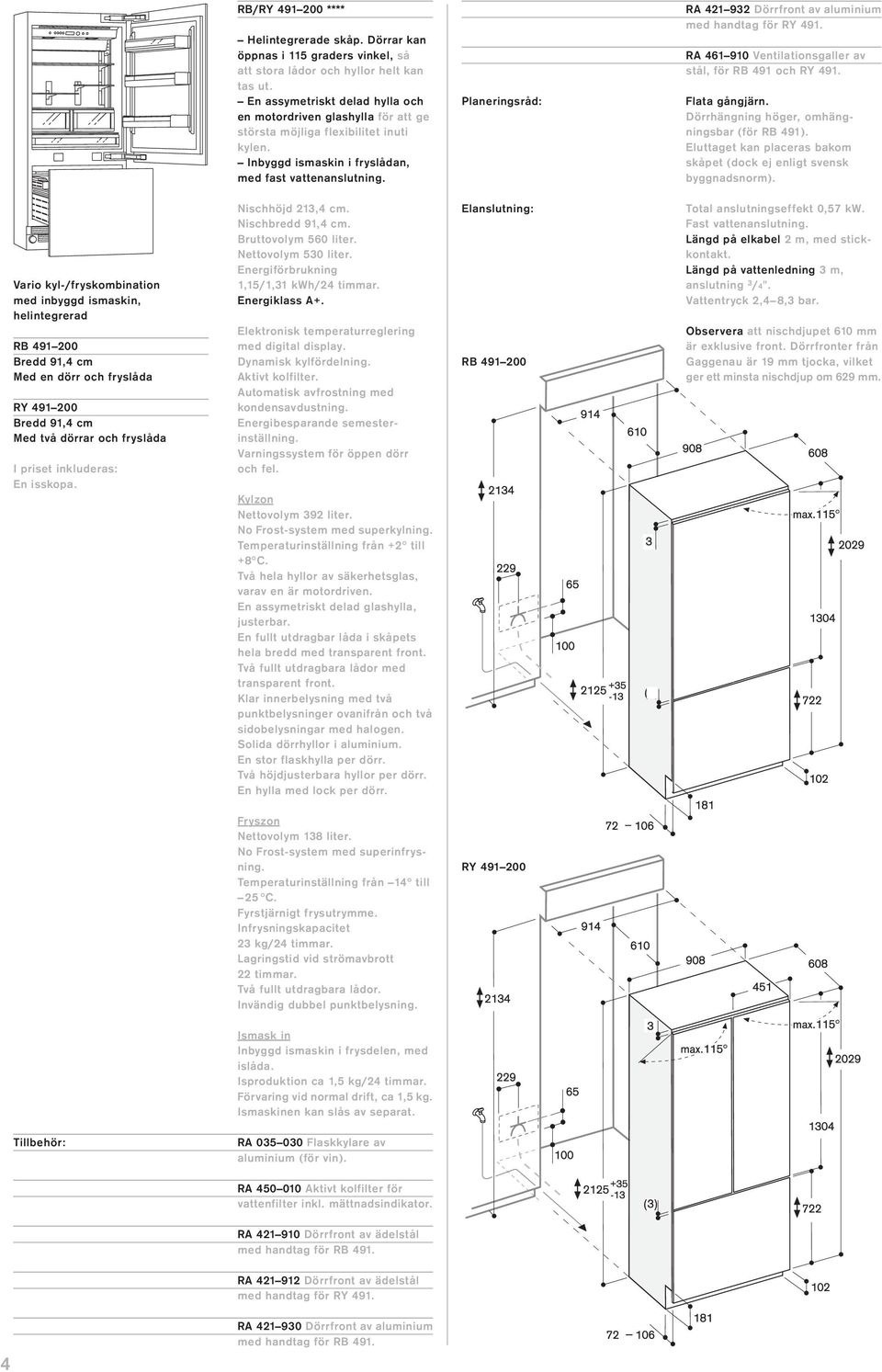 Planeringsråd: RA 421 932 Dörrfront av aluminium med handtag för RY 491. RA 461 910 Ventilationsgaller av stål, för RB 491 och RY 491. Flata gångjärn. Dörrhängning höger, omhängningsbar (för RB 491).