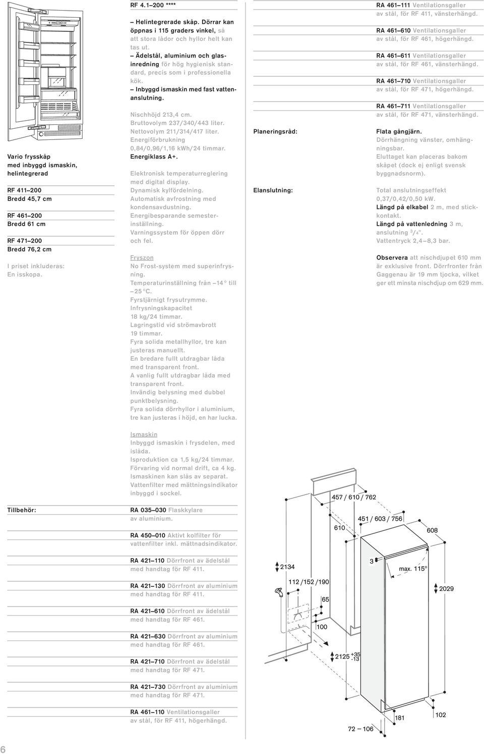 Inbyggd ismaskin med fast vattenanslutning. Nischhöjd 213,4 cm. Bruttovolym 237/340/443 liter. Nettovolym 211/314/417 liter. Energiförbrukning 0,84/0,96/1,16 kwh/24 timmar. Energiklass A+.