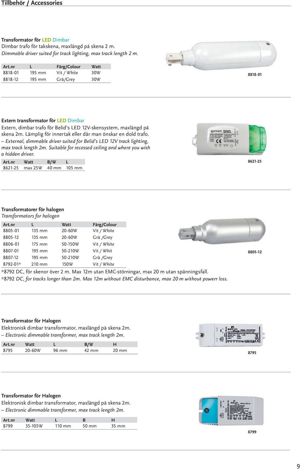 Lämpli för innertak eller där man önskar en dold trafo. External, dimmable driver suited for Belid s LED 12V track lihtin, max track lenth 2m.