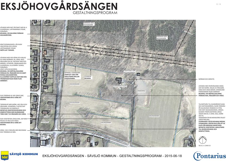 LÖVSKOG MED ASP, RÖNN OCH INSLAG AV UNGA BJÖRKAR, EN, LÖNN, SÄLG, FÅGELBÄR OCH EK, FÄLTSKIKT MED BLÅ- BÄRSRIS, VITSIPPOR, ORMBUNKAR OCH LILJEKONVALJ, ELLJUSSPÅR I SLINGA, FORNÅKER.