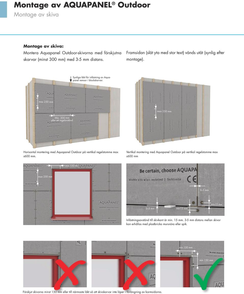 300 mm eller ett regelavstånd Horisontal montering med Aquapanel Outdoor på vertikal regelstomme max s600 mm.