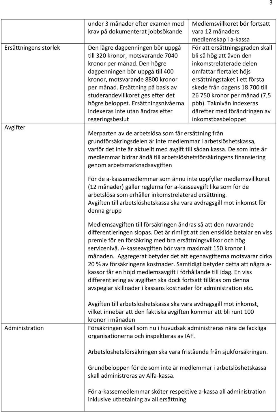 Ersättningsnivåerna indexeras inte utan ändras efter regeringsbeslut Medlemsvillkoret bör fortsatt vara 12 månaders medlemskap i a-kassa För att ersättningsgraden skall bli så hög att även den