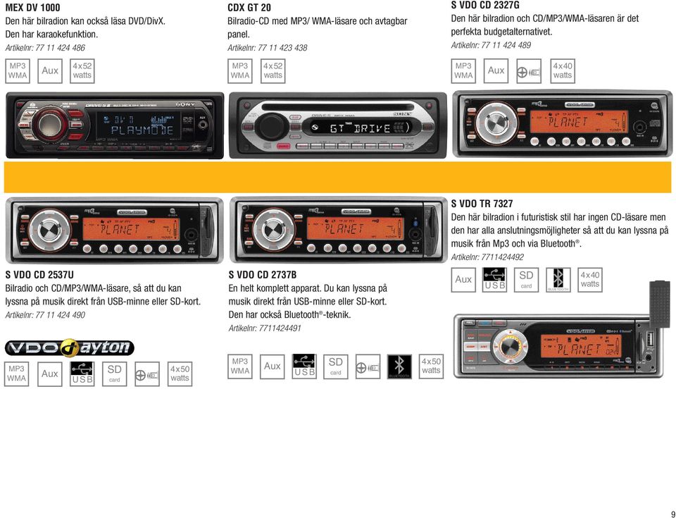 Artikelnr: 77 11 424 489 4x52 4x52 4x40 S VDO TR 7327 Den här bilradion i futuristisk stil har ingen CD-läsare men den har alla anslutningsmöjligheter så att du kan lyssna på musik från Mp3 och via