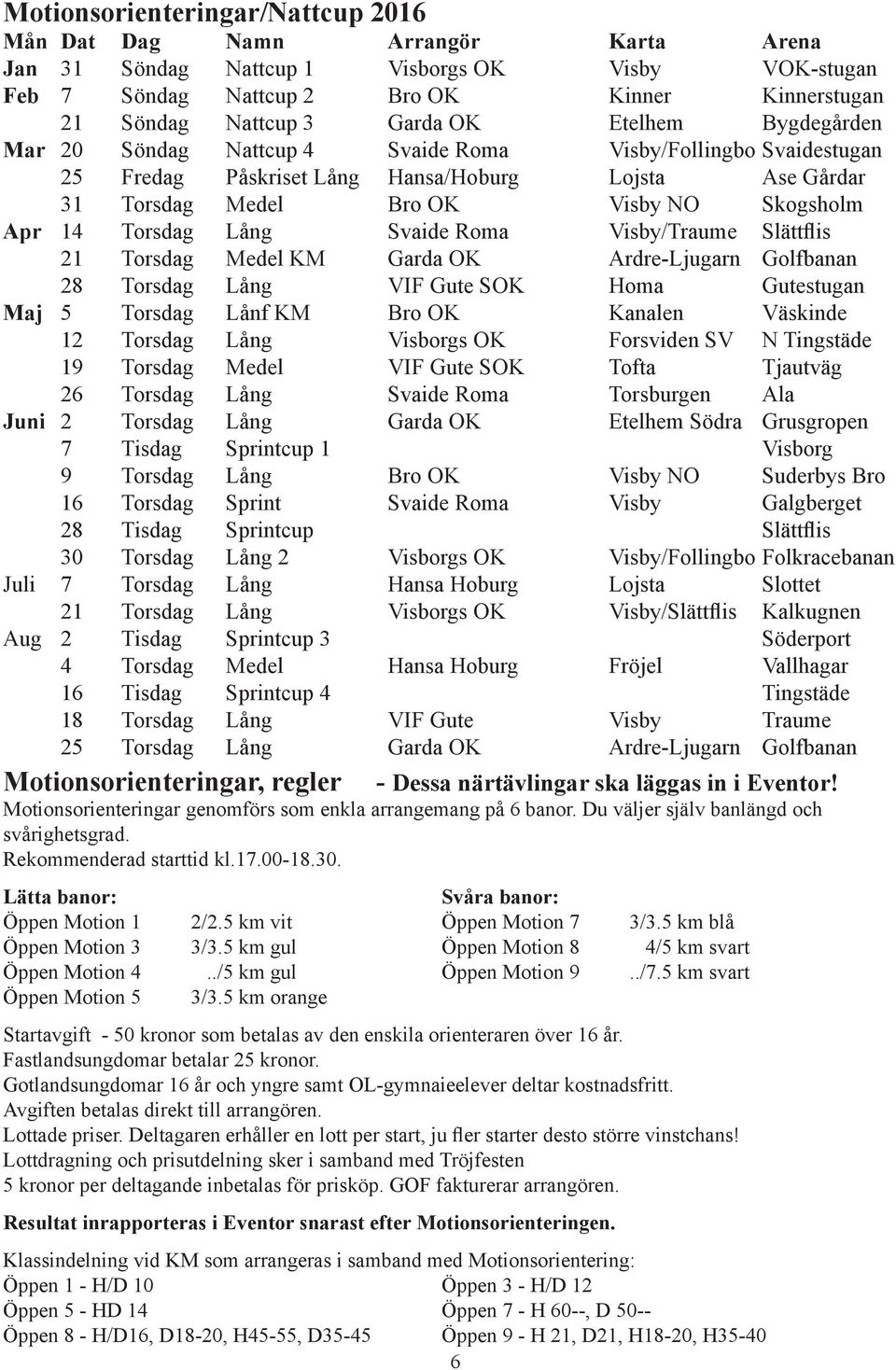 Torsdag Lång Svaide Roma Visby/Traume Slättflis 21 Torsdag Medel KM Garda OK Ardre-Ljugarn Golfbanan 28 Torsdag Lång VIF Gute SOK Homa Gutestugan Maj 5 Torsdag Lånf KM Bro OK Kanalen Väskinde 12