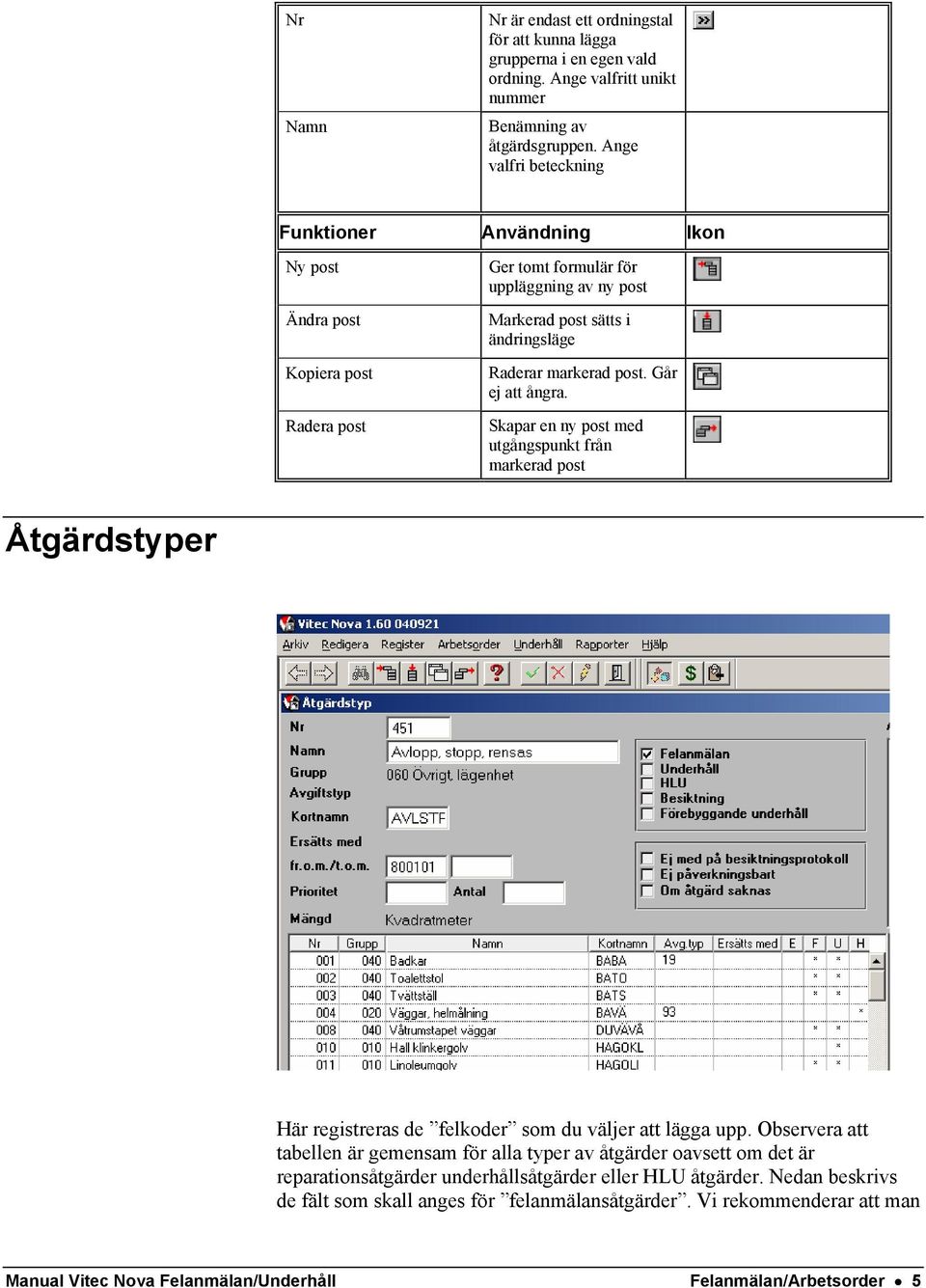 post. Går ej att ångra. Skapar en ny post med utgångspunkt från markerad post Åtgärdstyper Här registreras de felkoder som du väljer att lägga upp.