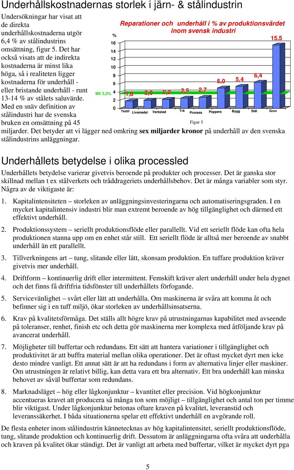 Med en snäv definition av stålindustri har de svenska bruken en omsättning på 45 % 16 14 12 10 8 6 MV 3,3% 4 2 0 Reparationer och underhåll i % av produktionsvärdet inom svensk industri 15,5 1,8 2,0