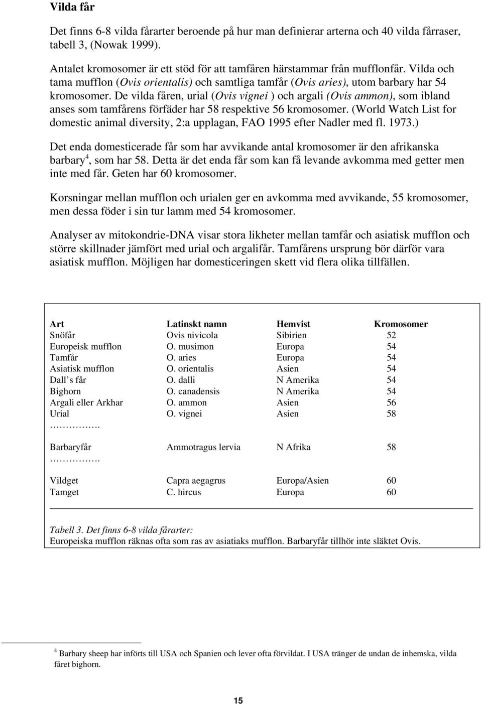 De vilda fåren, urial (Ovis vignei ) och argali (Ovis ammon), som ibland anses som tamfårens förfäder har 58 respektive 56 kromosomer.