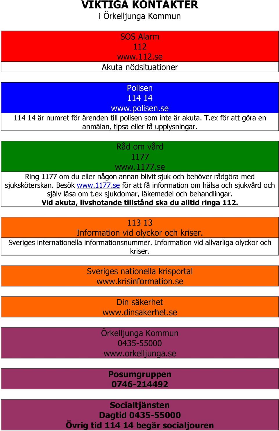 ex sjukdomar, läkemedel och behandlingar. Vid akuta, livshotande tillstånd ska du alltid ringa 112. 113 13 Information vid olyckor och kriser. Sveriges internationella informationsnummer.