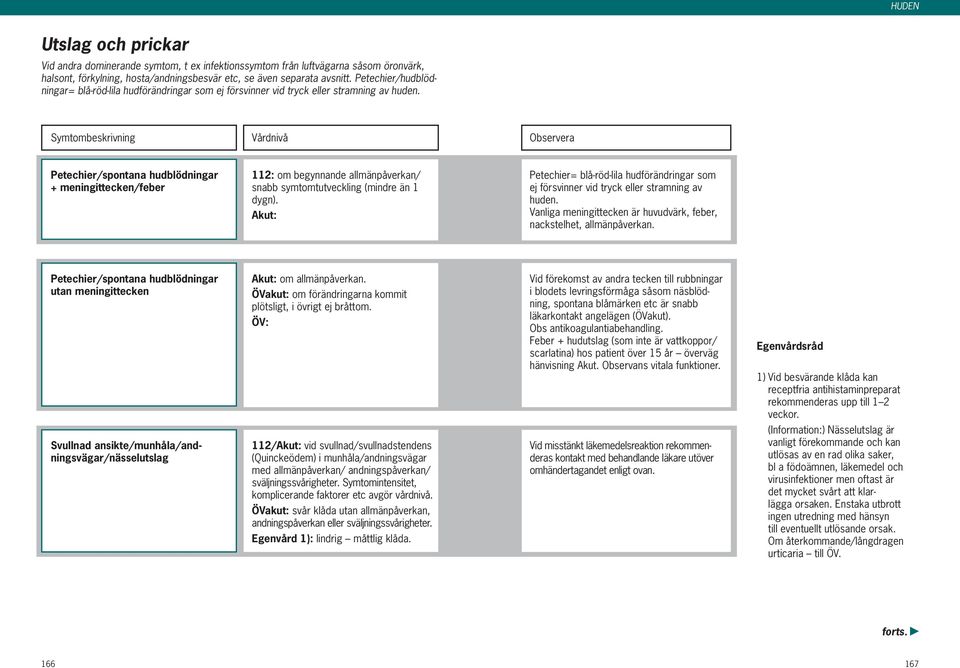 Petechier/spontana hudblödningar + meningittecken/feber 112: om begynnande allmänpåverkan/ snabb symtomtutveckling (mindre än 1 dygn).