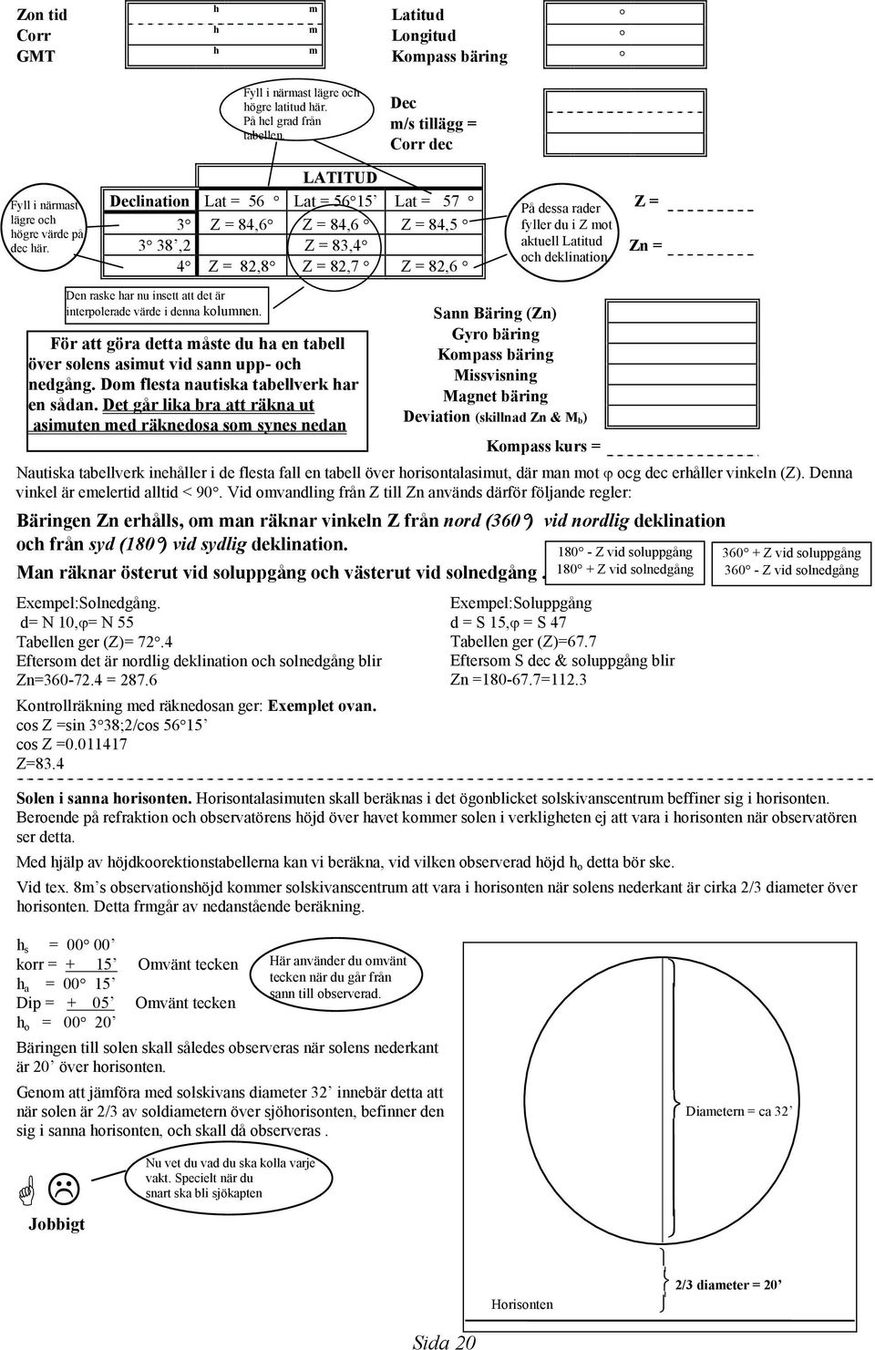 LATITUD Declination Lat = 56 Lat = 56 15 Lat = 57 På dessa rader Z = 3 Z = 84,6 Z = 84,6 Z = 84,5 fyller du i Z mot 3 38,2 Z = 83,4 aktuell Latitud Zn = och deklination.