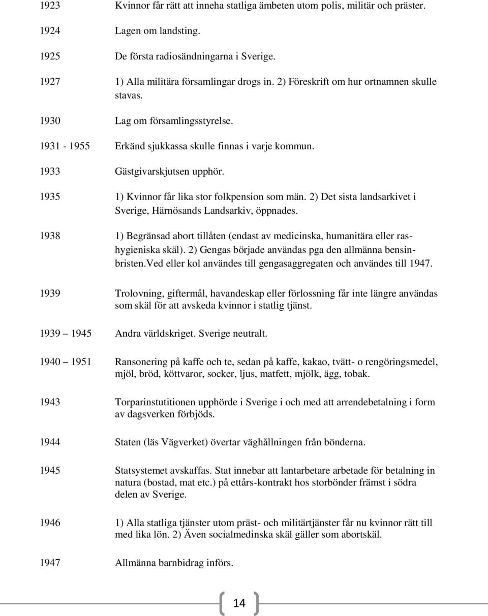 1935 1) Kvinnor får lika stor folkpension som män. 2) Det sista landsarkivet i Sverige, Härnösands Landsarkiv, öppnades.