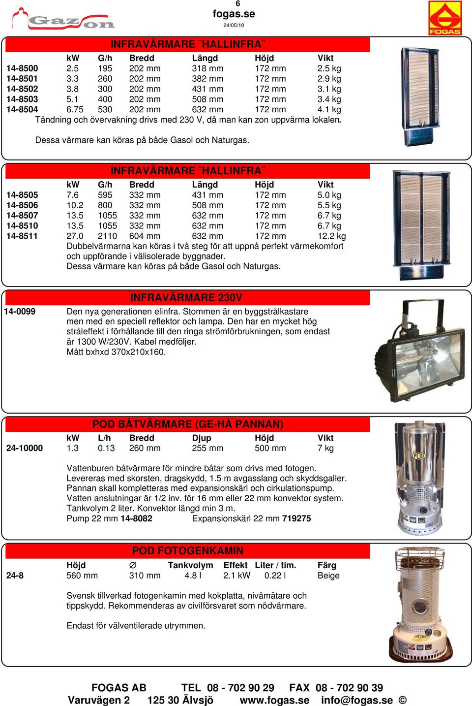 Dessa värmare kan köras på både Gasol och Naturgas. INFRAVÄRMARE HALLINFRA kw G/h Bredd Längd Höjd Vikt 14-8505 7.6 595 332 mm 431 mm 172 mm 5.0 kg 14-8506 10.2 800 332 mm 508 mm 172 mm 5.