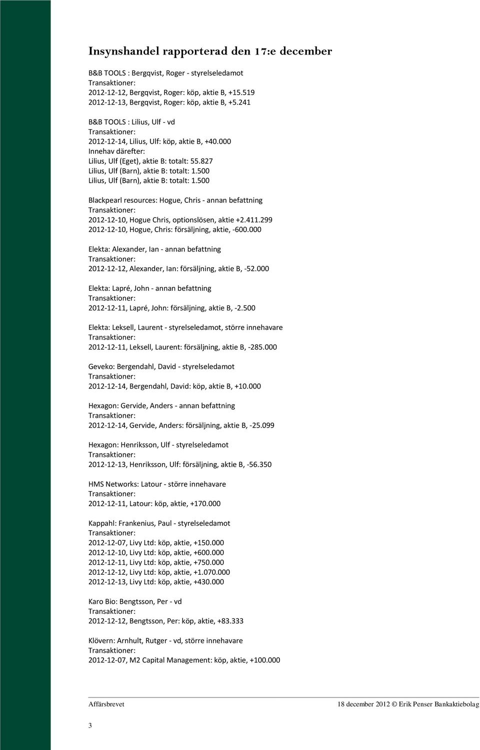 500 Lilius, Ulf (Barn), aktie B: totalt: 1.500 Blackpearl resources: Hogue, Chris - annan befattning 2012-12-10, Hogue Chris, optionslösen, aktie +2.411.