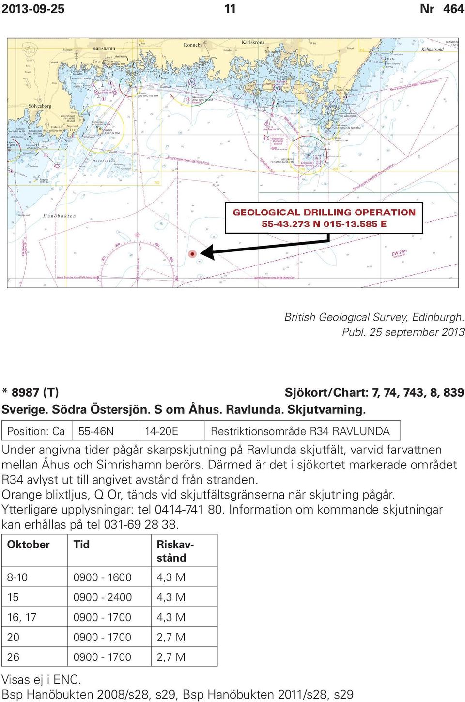 Därmed är det i sjökortet markerade området R34 avlyst ut till angivet avstånd från stranden. Orange blixtljus, Q Or, tänds vid skjutfältsgränserna när skjutning pågår.