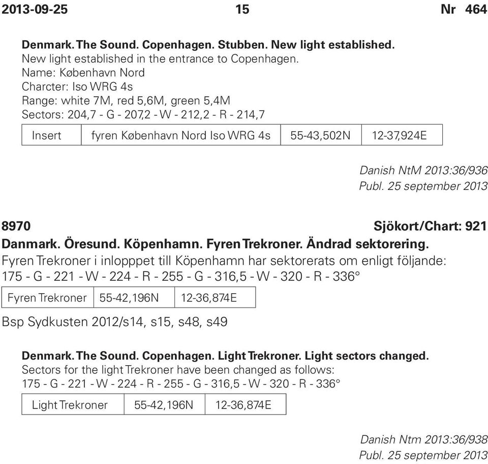 NtM 2013:36/936 8970 Sjökort/Chart: 921 Danmark. Öresund. Köpenhamn. Fyren Trekroner. Ändrad sektorering.