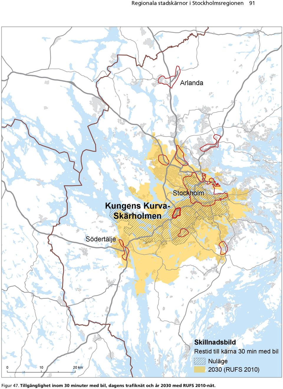 min med bil 0 10 20 km Nuläge 2030 (RUFS 2010) Figur 47.