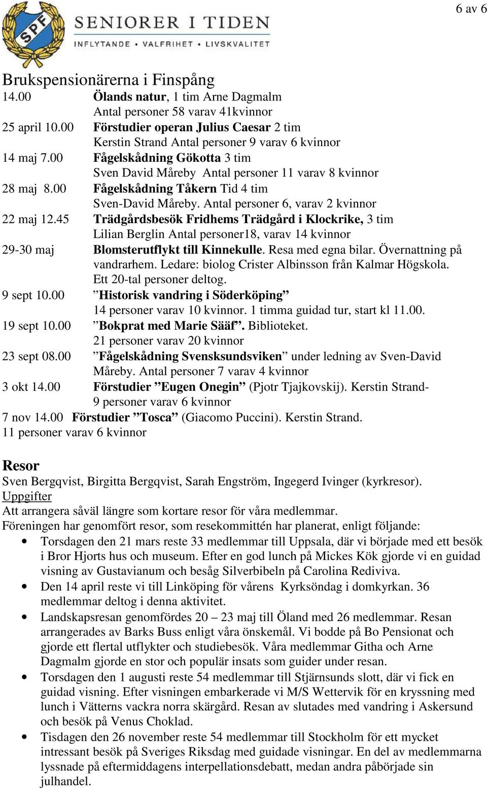 45 Trädgårdsbesök Fridhems Trädgård i Klockrike, 3 tim Lilian Berglin Antal personer18, varav 14 kvinnor 29-30 maj Blomsterutflykt till Kinnekulle. Resa med egna bilar. Övernattning på vandrarhem.