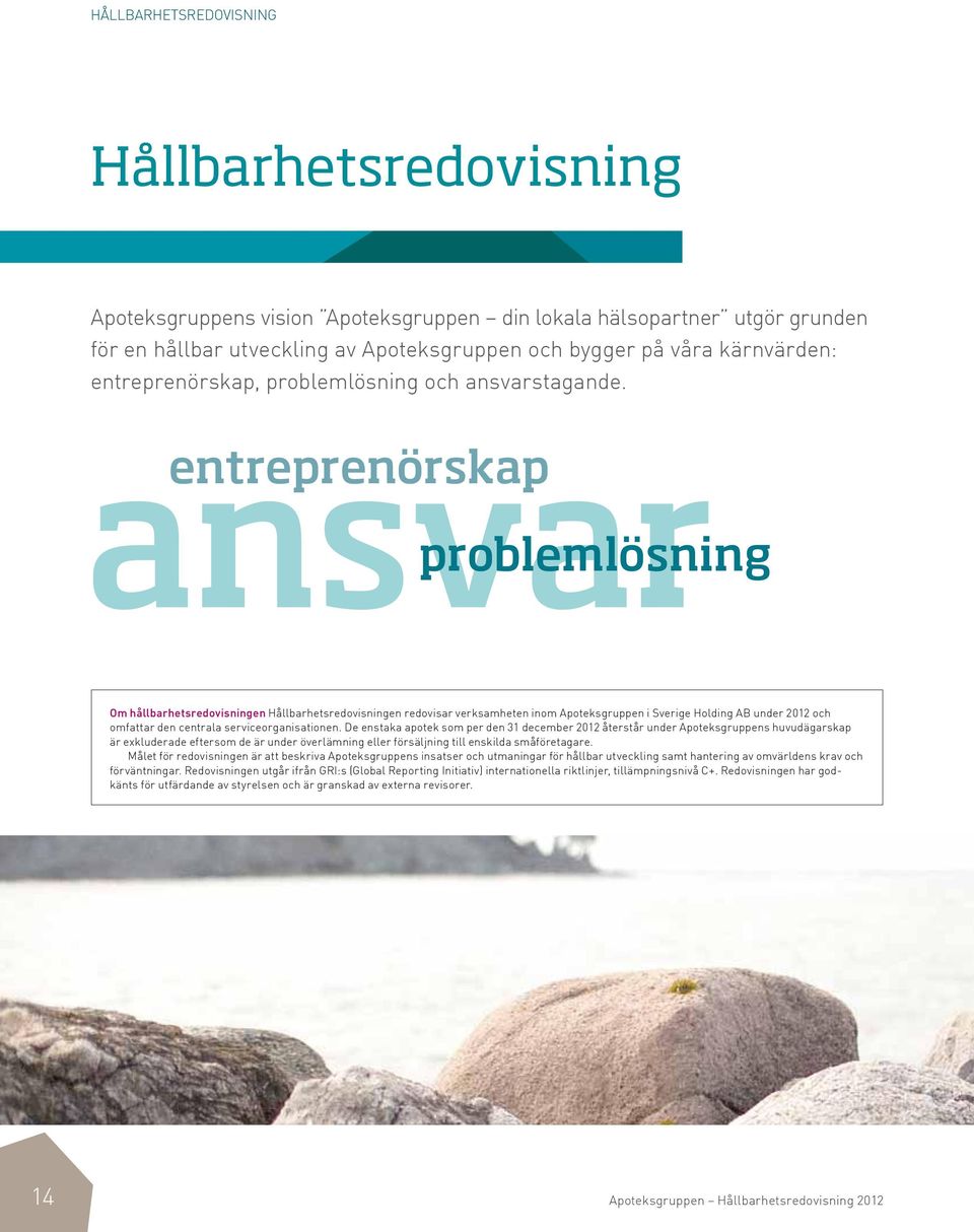 ansvar entreprenörskap problemlösning Om hållbarhetsredovisningen Hållbarhetsredovisningen redovisar verksamheten inom Apoteksgruppen i Sverige Holding AB under 2012 och omfattar den centrala