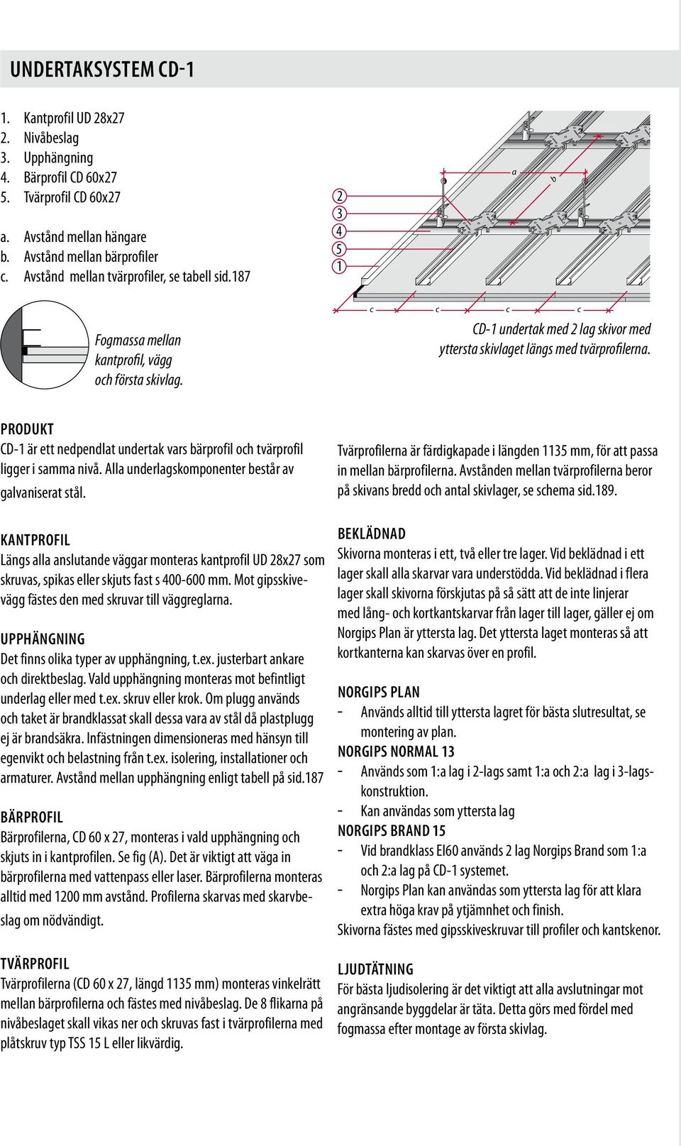 Produkt CD- är ett nedpendlat undertak vars bärprofil och tvärprofil ligger i samma nivå. Alla underlagskomponenter består av galvaniserat stål.