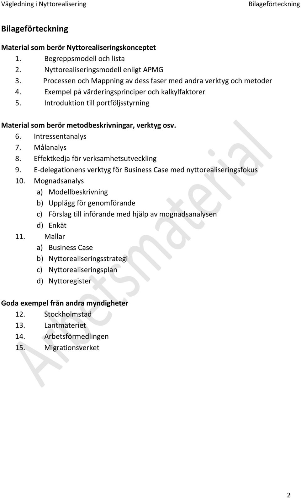 Introduktion till portföljsstyrning Material som berör metodbeskrivningar, verktyg osv. 6. Intressentanalys 7. Målanalys 8. Effektkedja för verksamhetsutveckling 9.