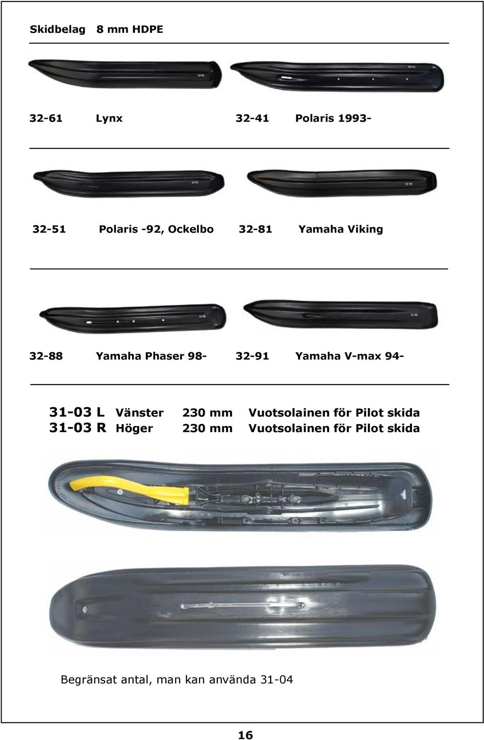 94-31-03 L Vänster 230 mm Vuotsolainen för Pilot skida 31-03 R Höger