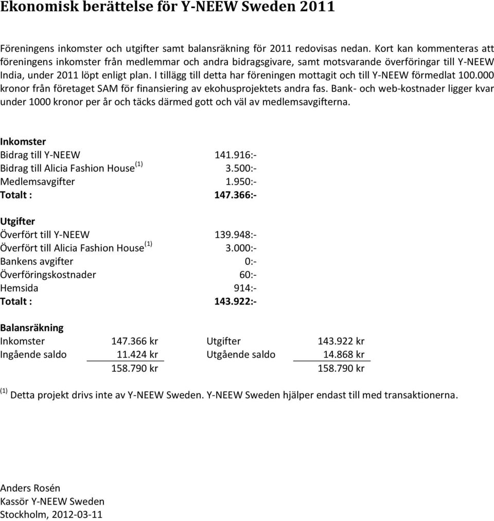 I tillägg till detta har föreningen mottagit och till Y-NEEW förmedlat 100.000 kronor från företaget SAM för finansiering av ekohusprojektets andra fas.