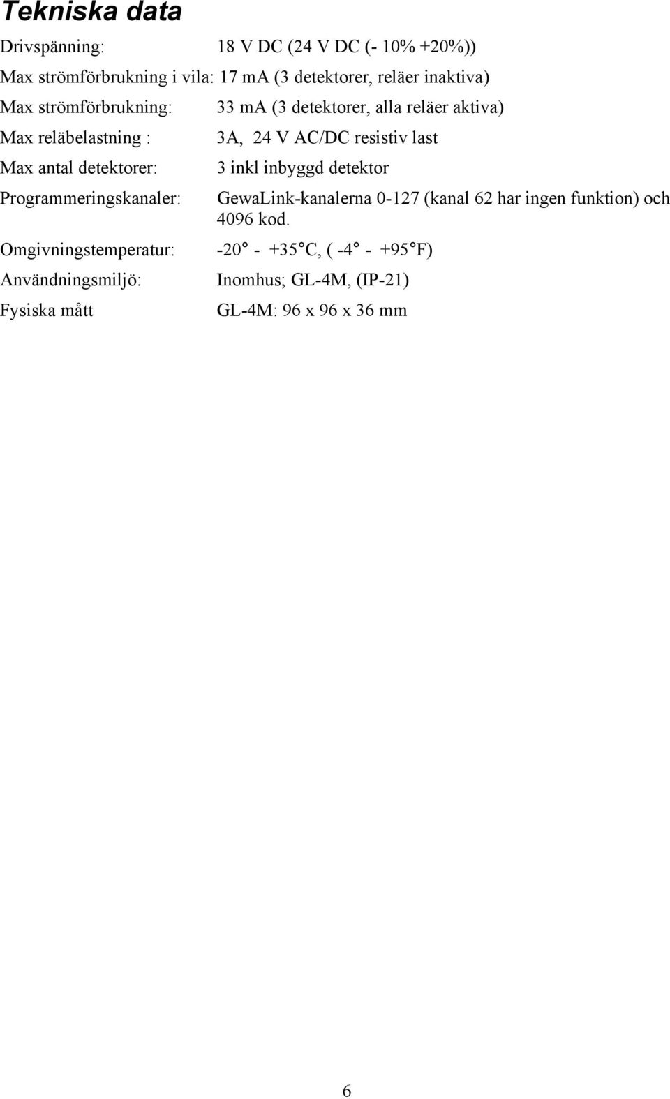 detektorer: 3 inkl inbyggd detektor Programmeringskanaler: GewaLink-kanalerna 0-127 (kanal 62 har ingen funktion) och 4096 kod.