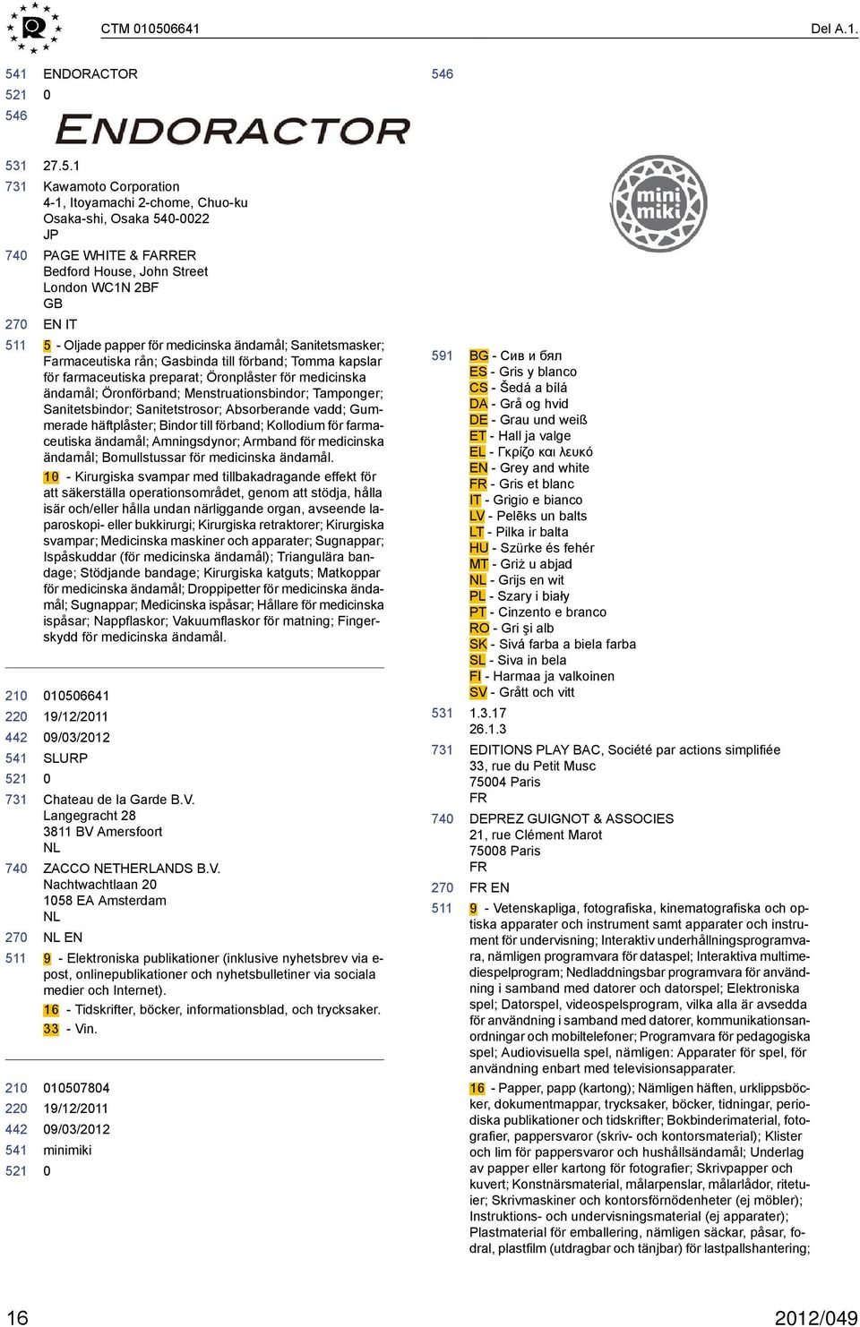 1 Kawamoto Corporation 4-1, Itoyamachi 2-chome, Chuo-ku Osaka-shi, Osaka 54-22 JP PAGE WHITE & FARRER Bedford House, John Street London WC1N 2BF GB EN IT 5 - Oljade papper för medicinska ändamål;