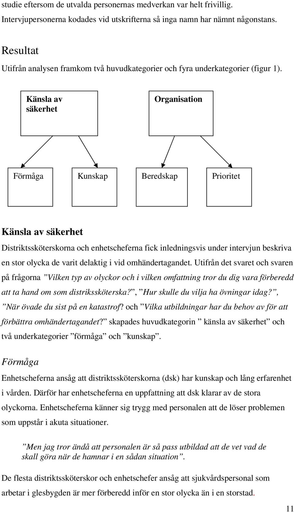 Känsla av säkerhet Organisation Förmåga Kunskap Beredskap Prioritet Känsla av säkerhet Distriktssköterskorna och enhetscheferna fick inledningsvis under intervjun beskriva en stor olycka de varit