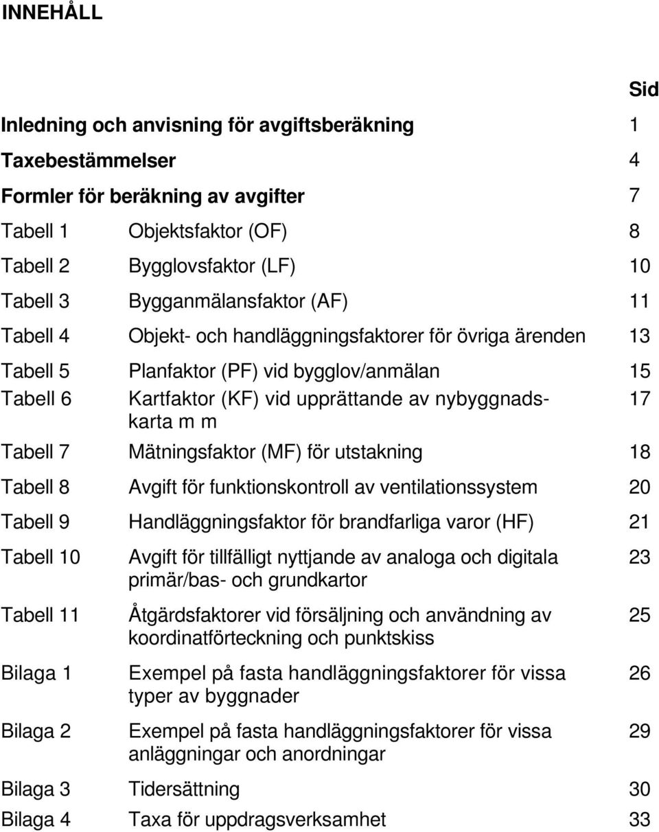 karta m m Tabell 7 Mätningsfaktor (MF) för utstakning 18 Tabell 8 Avgift för funktionskontroll av ventilationssystem 20 Tabell 9 Handläggningsfaktor för brandfarliga varor (HF) 21 Tabell 10 Tabell 11