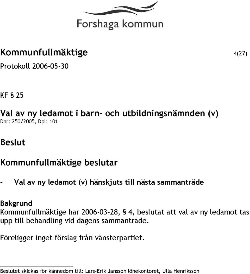 4, beslutat att val av ny ledamot tas upp till behandling vid dagens sammanträde.