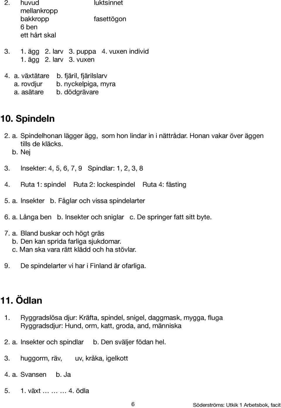 Insekter: 4, 5, 6, 7, 9 Spindlar: 1, 2, 3, 8 4. Ruta 1: spindel Ruta 2: lockespindel Ruta 4: fästing 5. a. Insekter b. Fåglar och vissa spindelarter 6. a. Långa ben b. Insekter och sniglar c.