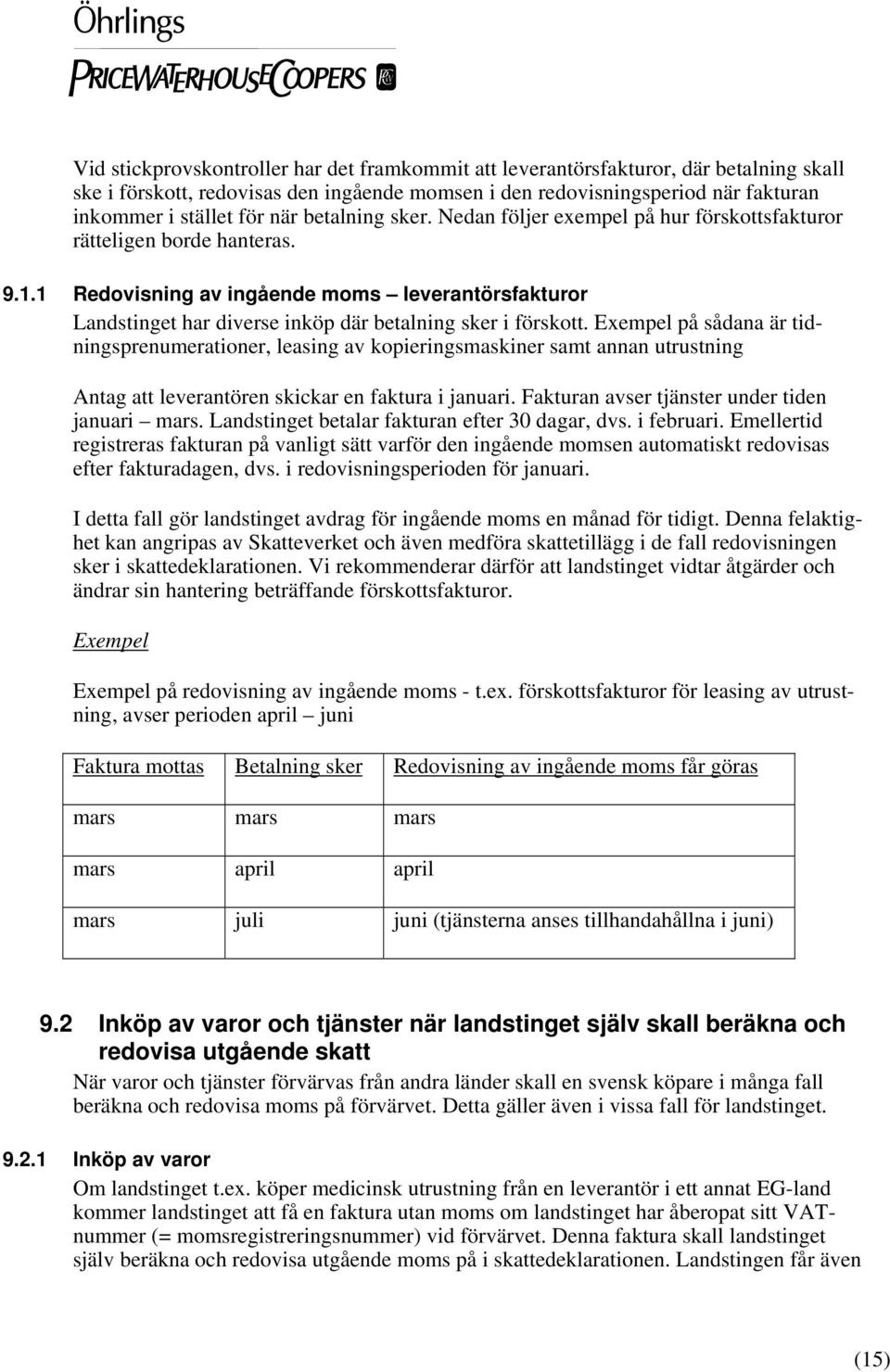 1 Redovisning av ingående moms leverantörsfakturor Landstinget har diverse inköp där betalning sker i förskott.