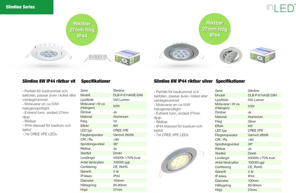 DLB-P-81VAWE-DIM 550 Lumen 50W 8W CREE XPE temperatur Varmvit 2800K 80-90mm vardagsrummet.