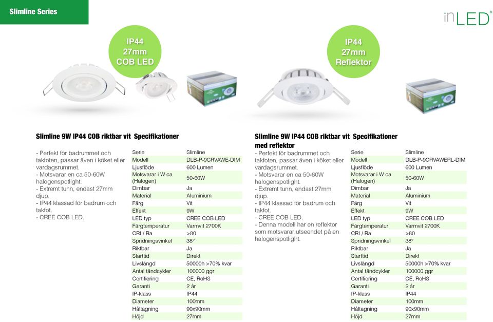 DLB-P-9CRVAWE-DIM 600 Lumen 50-60W 9W CREE COB LED temperatur Varmvit 2700K 90x90mm 9W COB riktbar vit med reflektor vardagsrummet.
