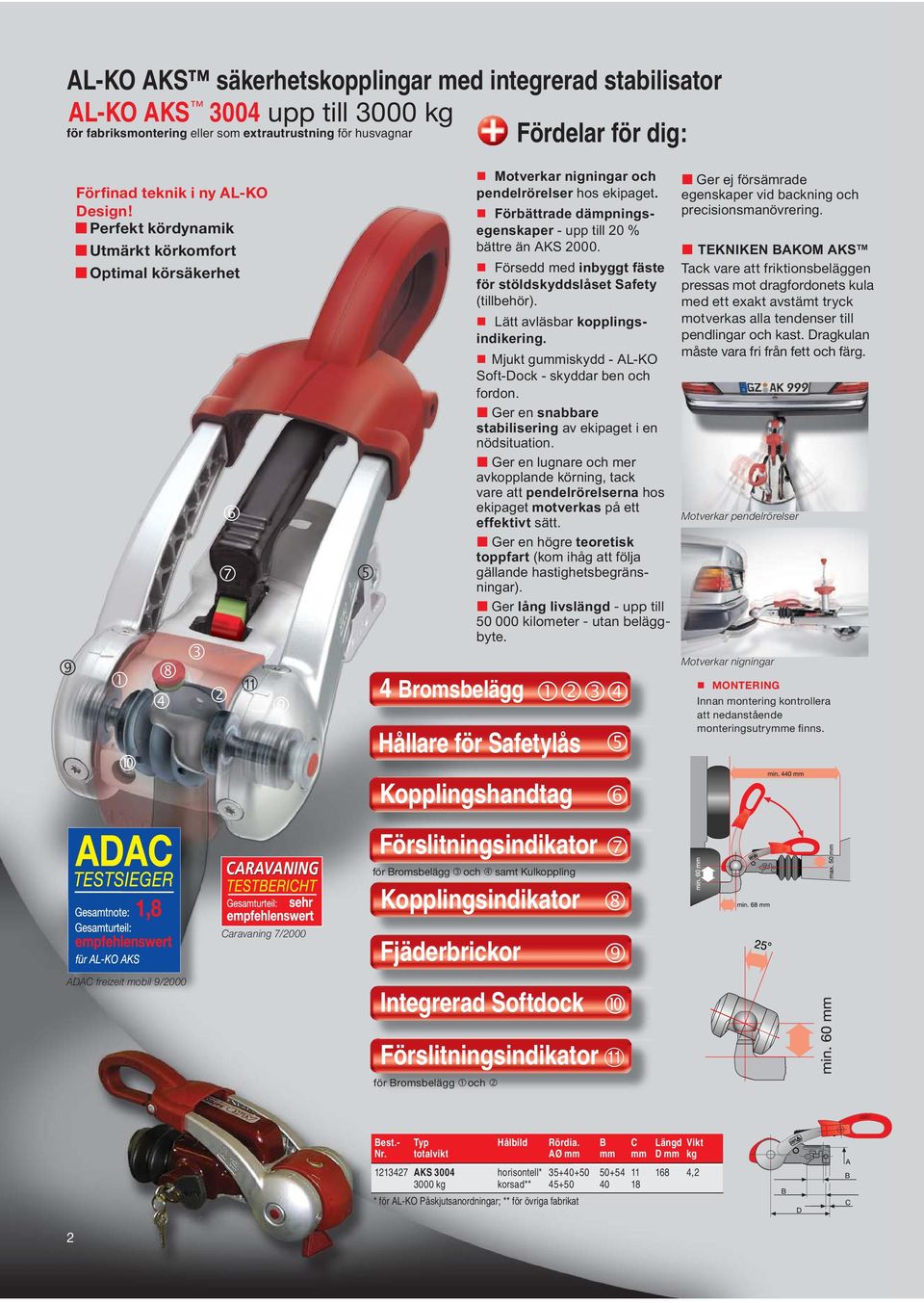 Förbättrade dämpningsegenskaper - upp till 20 % bättre än AKS 2000. Försedd med inbyggt fäste för stöldskyddslåset Safety (tillbehör). Lätt avläsbar kopplingsindikering.