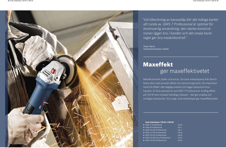 Peter Bertl, Hantverksmästare metall Maxeffekt ger maxeffektivetet Metallhantverk ställer stora krav. De små vinkelsliparna från Bosch klarar dem med suverän effekt och optimal ergonomi.