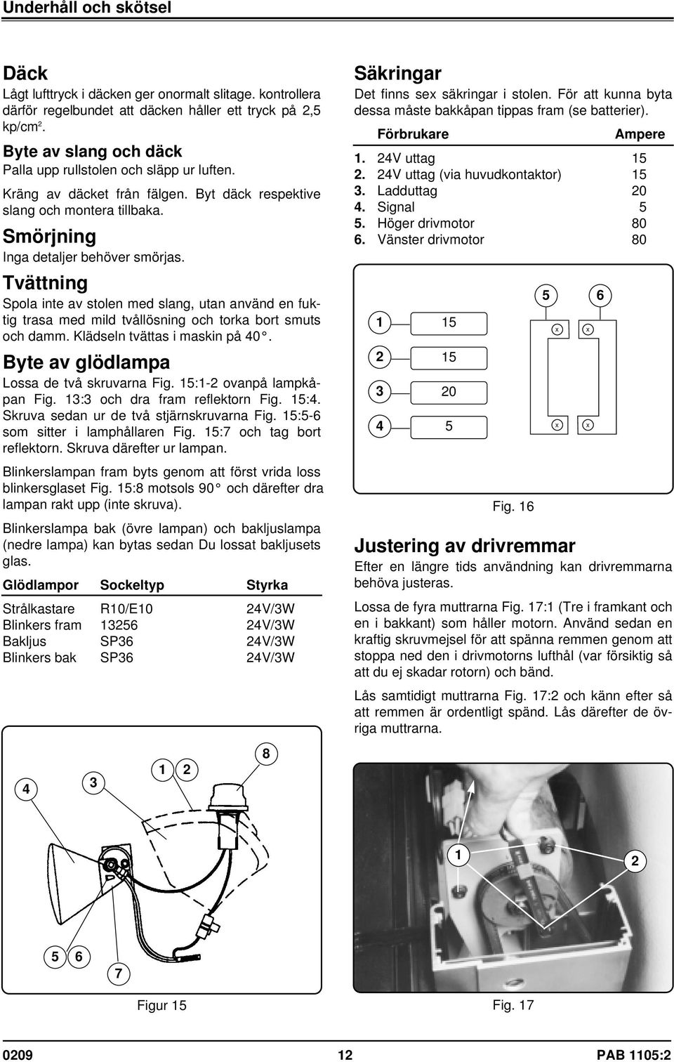 Tvättning Spola inte av stolen med slang, utan använd en fuktig trasa med mild tvållösning och torka bort smuts och damm. Klädseln tvättas i maskin på 40. Byte av glödlampa Lossa de två skruvarna Fig.