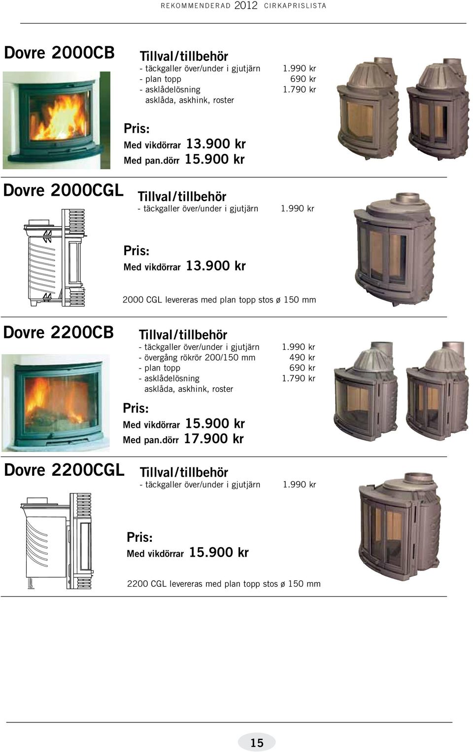 900 kr 2000 CGL levereras med plan topp stos ø 150 mm Dovre 2200CB Tillval/ tillbehör - täckgaller över/under i gjutjärn 1.